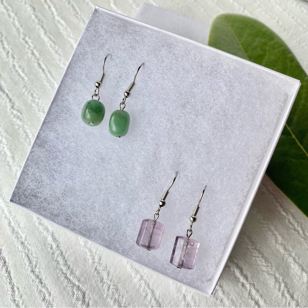 NEW 2 Pairs Handmade Minimalist Gemstone Aventurine & Amethyst Drop Earrings